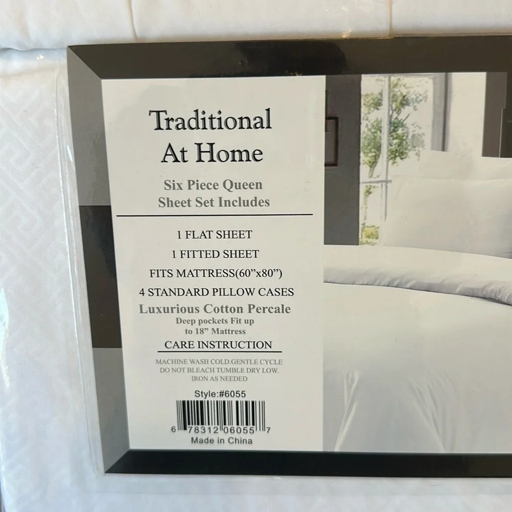 Traditional at Home 6pc Queen Sheet Set White as Snow Embossed Maze key